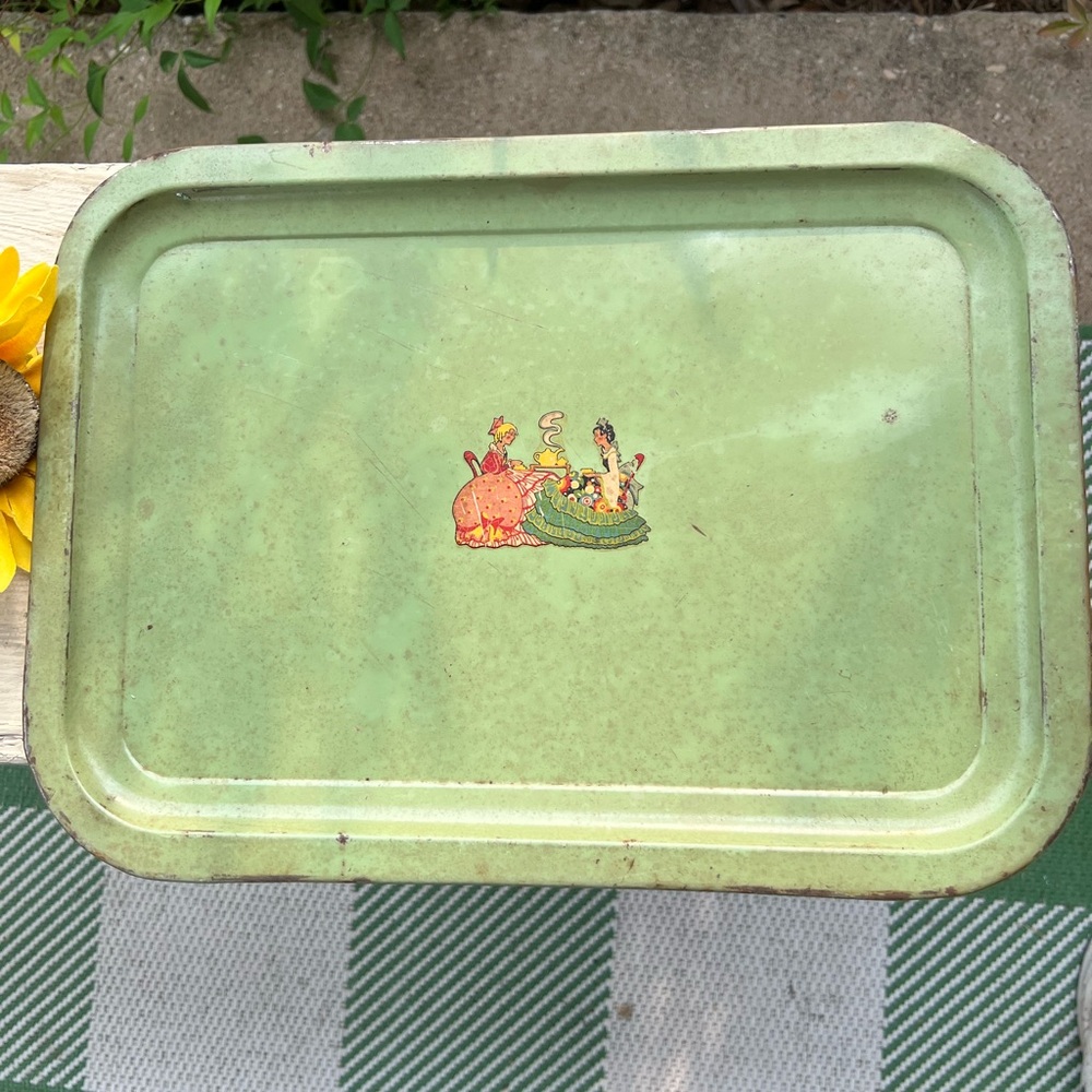 Vintage 1940’s- 60’s green  Metal Tray Slight dents, paint wear, very light rust